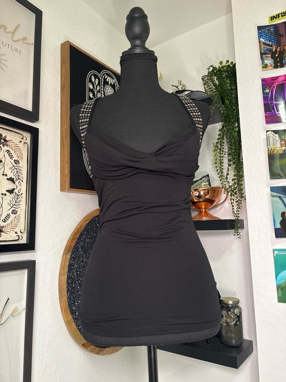 Vintage Y2K Bebe Black Halter Top Studded Straps Twist Ruched Bust Size Small